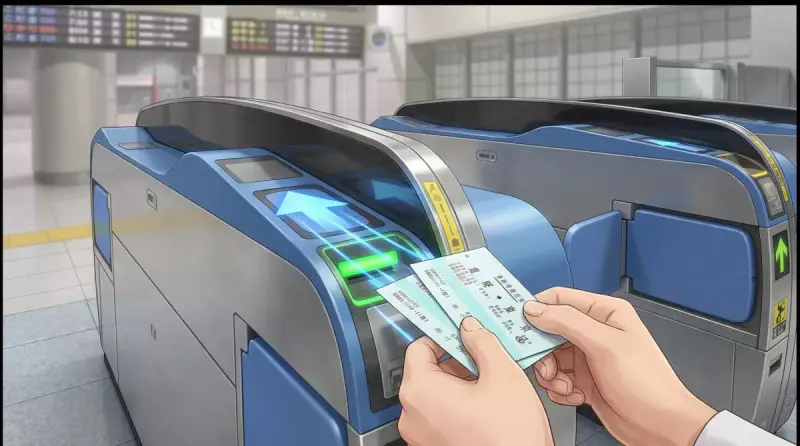 Passenger inserting two tickets into a Shinkansen gate