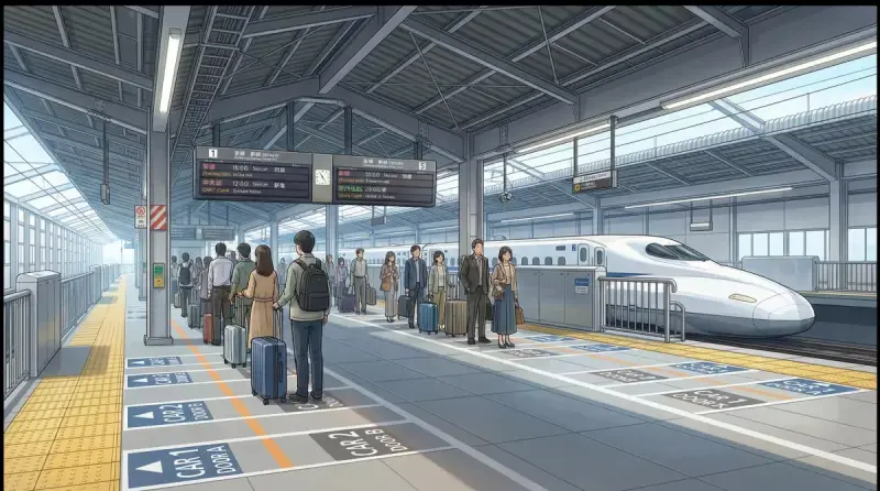 Passengers queuing in designated lines on a Shinkansen platform
