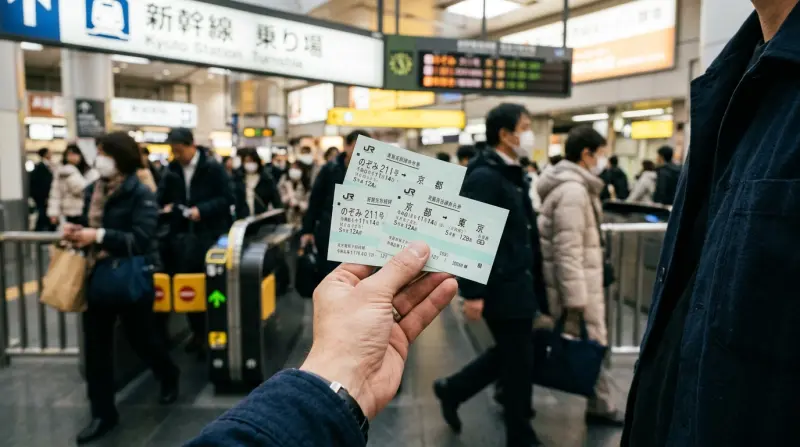 Close-up of two Japanese Shinkansen tickets held by a traveler at a station.
