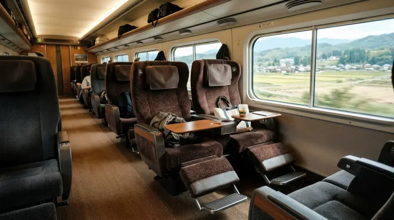 Luxurious interior of a Shinkansen Green Car with spacious reclining seats and large windows.