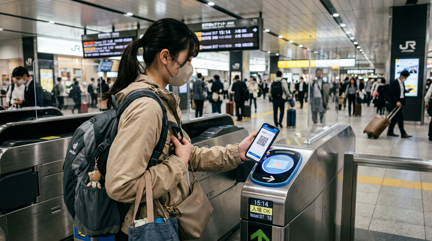 Traveler scanning a digital train ticket on a smartphone at a Japanese ticket gate.