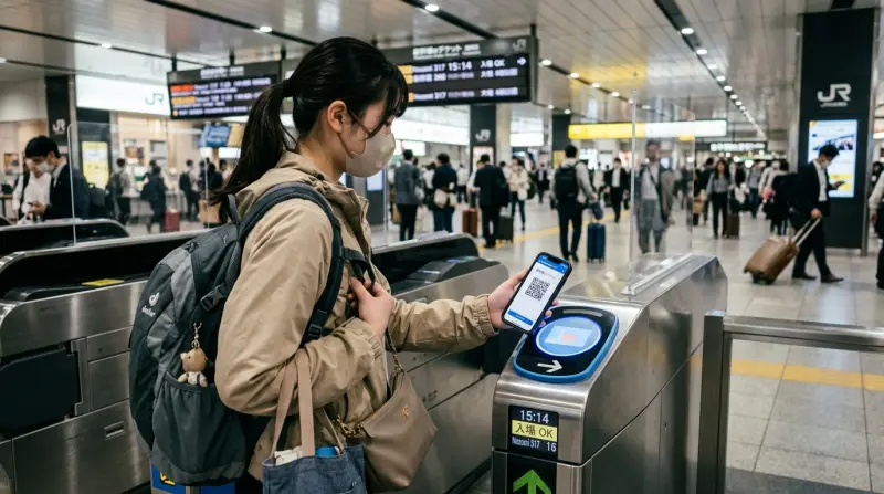 Traveler scanning a digital train ticket on a smartphone at a Japanese ticket gate.