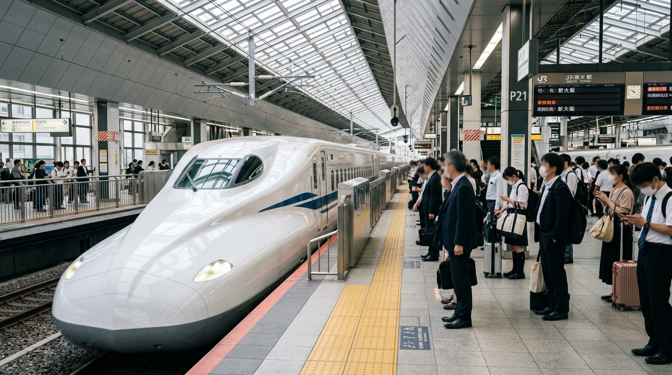 Un elegante tren bala Shinkansen N700S llegando a un andén moderno y soleado de la estación de Tokio.