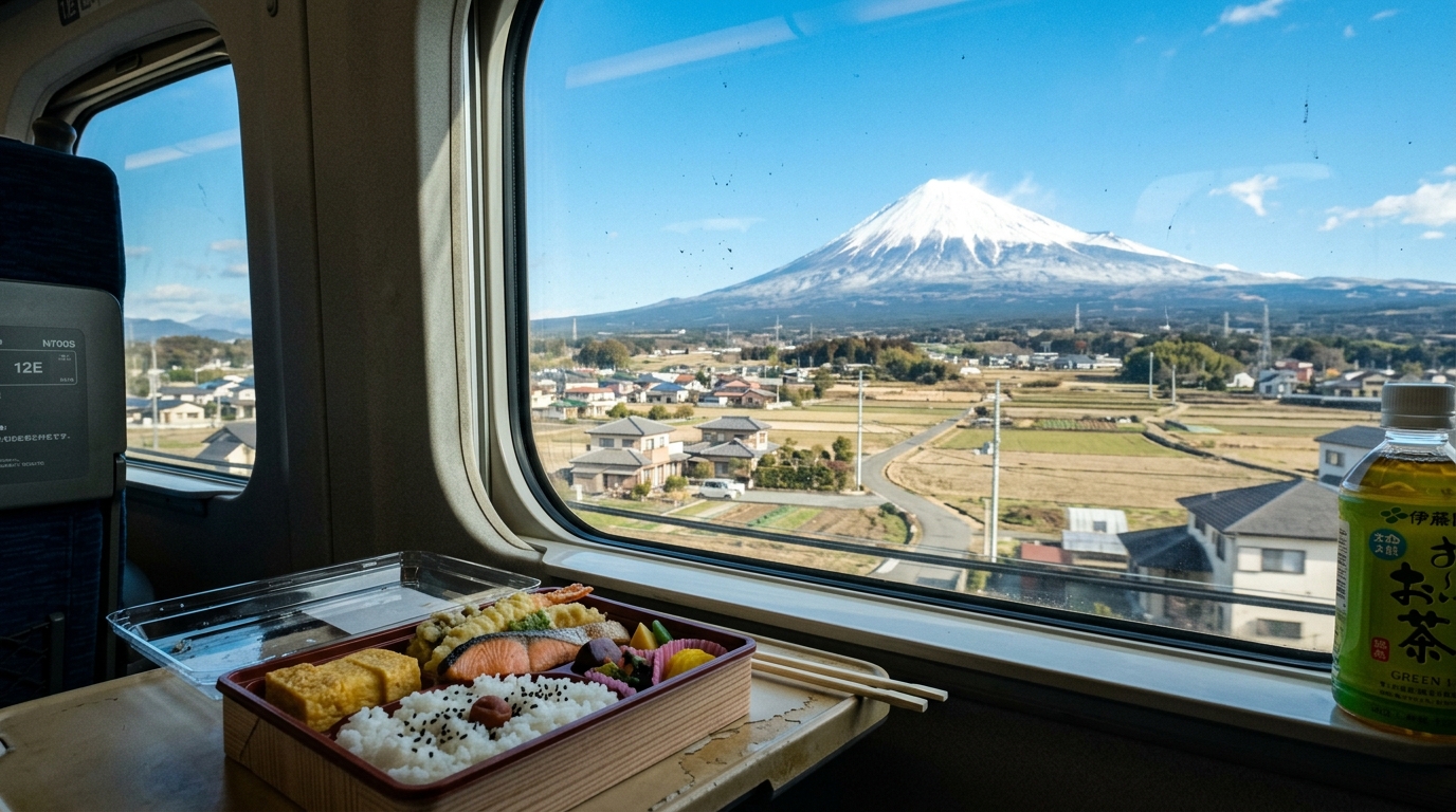 Vista del Monte Fuji desde un asiento de ventanilla del Shinkansen con una caja bento japonesa.
