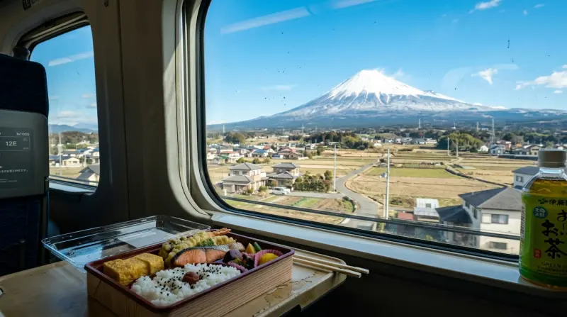 Blick auf den Mount Fuji aus einem Shinkansen-Fensterplatz mit einer japanischen Bento-Box.