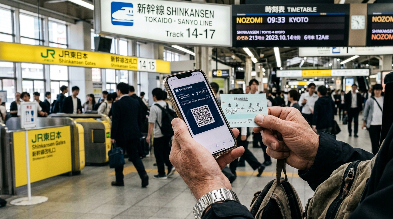 Manos sosteniendo un billete de Shinkansen digital y otro de papel en una concurrida y moderna estación de tren japonesa.