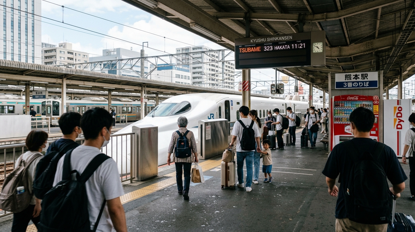 Photographie illustrant la configuration de la gare : Départ de Kumamoto
