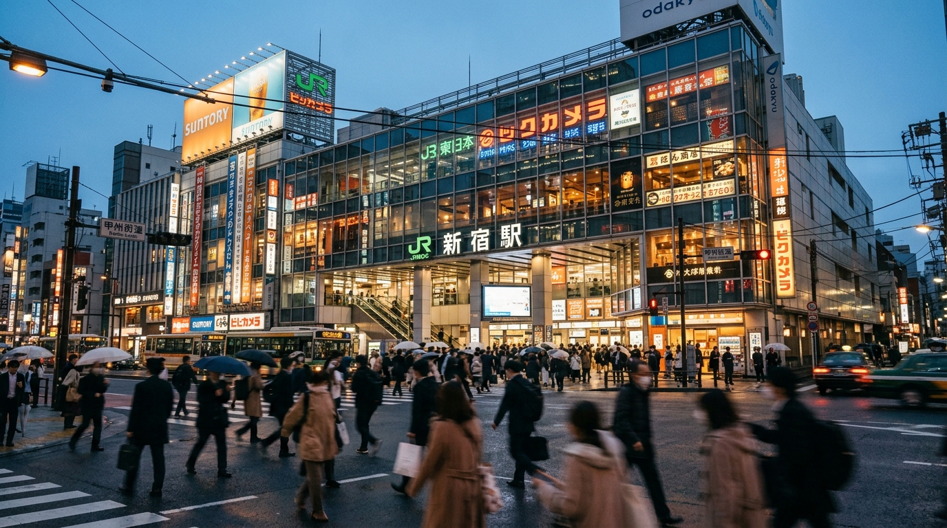 A wide-angle view of the modern Shinjuku Station exterior with glowing neon signs at dusk.