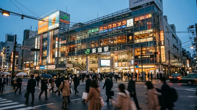 A wide-angle view of the modern Shinjuku Station exterior with glowing neon signs at dusk.