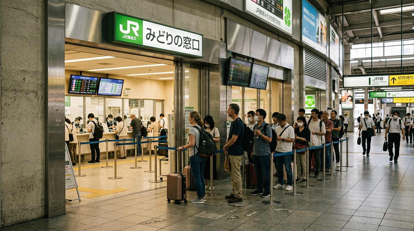 象徴的な緑色のクローバーロゴが特徴の日本のJR切符売り場の入り口。
