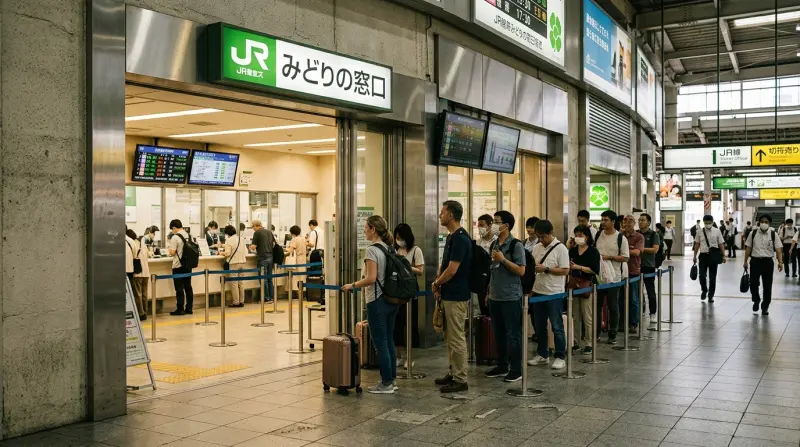 Der Eingang zu einem JR-Ticketbüro in Japan mit dem ikonischen grünen Kleeblatt-Logo.