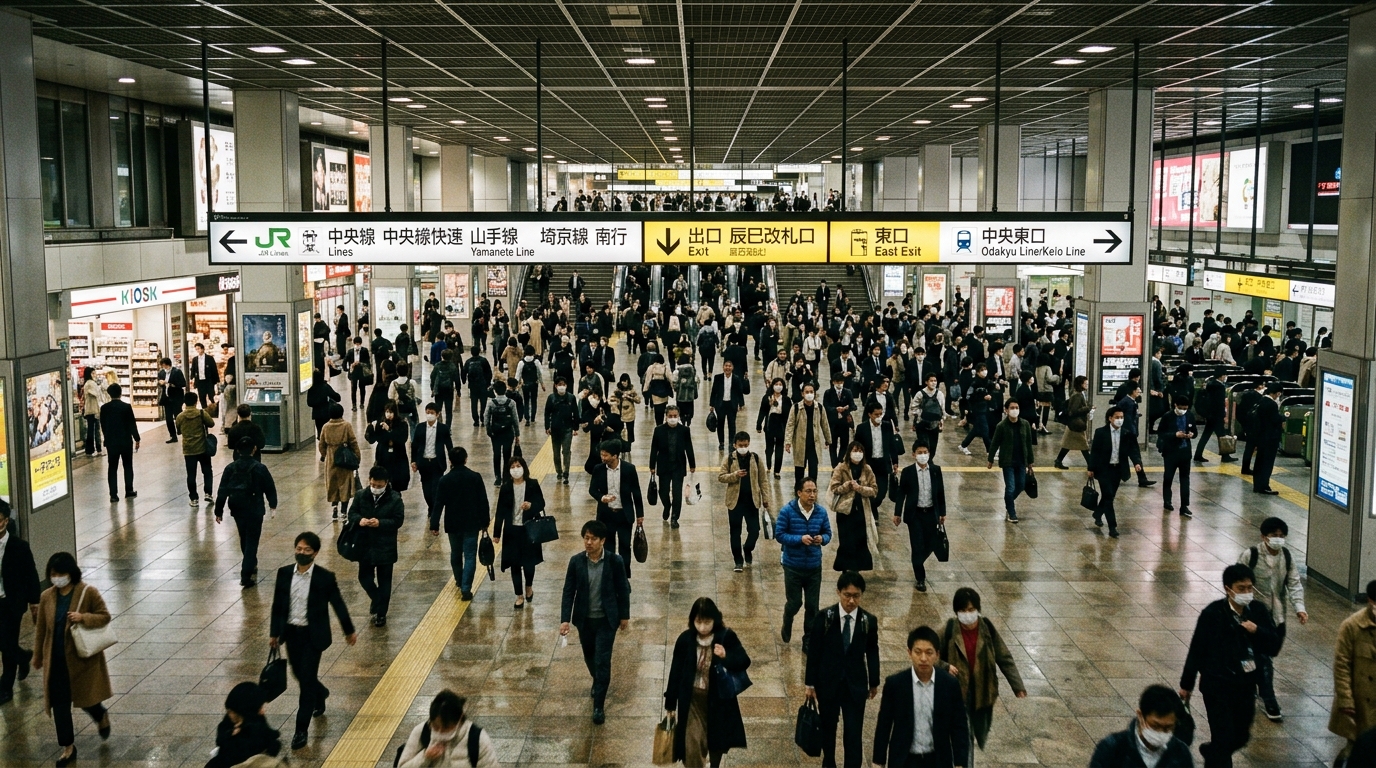 通勤客が行き交い、分かりやすい案内標識がある新宿駅構内の混雑したコンコース。
