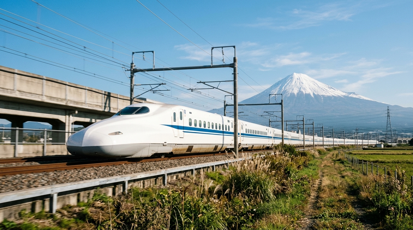 Un train à grande vitesse Shinkansen passant devant le mont Fuji dans la campagne japonaise.