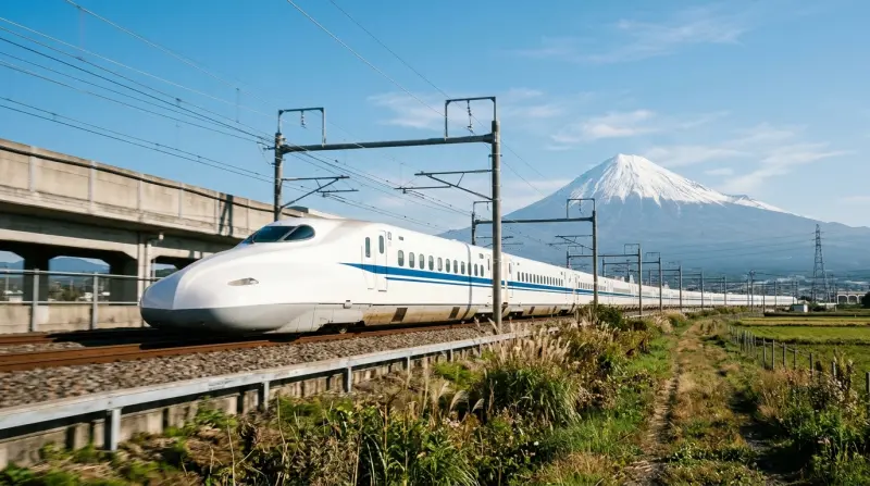 Ein Shinkansen-Hochgeschwindigkeitszug fährt am Berg Fuji in der japanischen Landschaft vorbei.