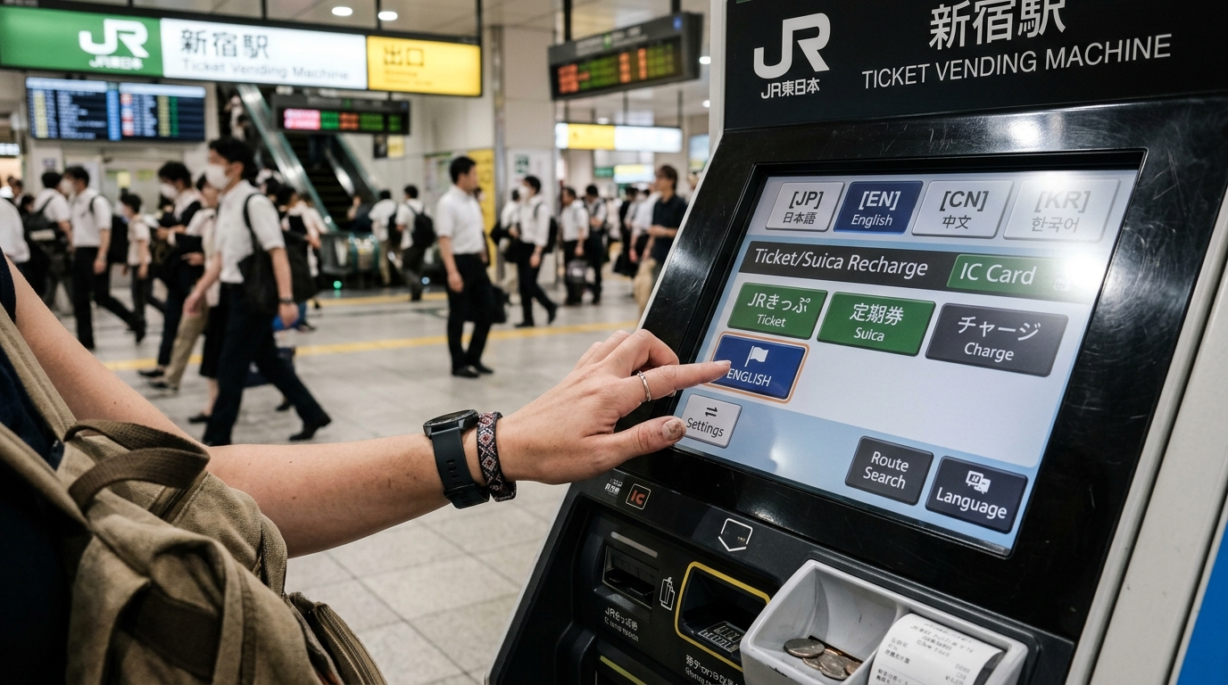 Un voyageur utilisant un distributeur automatique de billets numérique dans une gare japonaise.