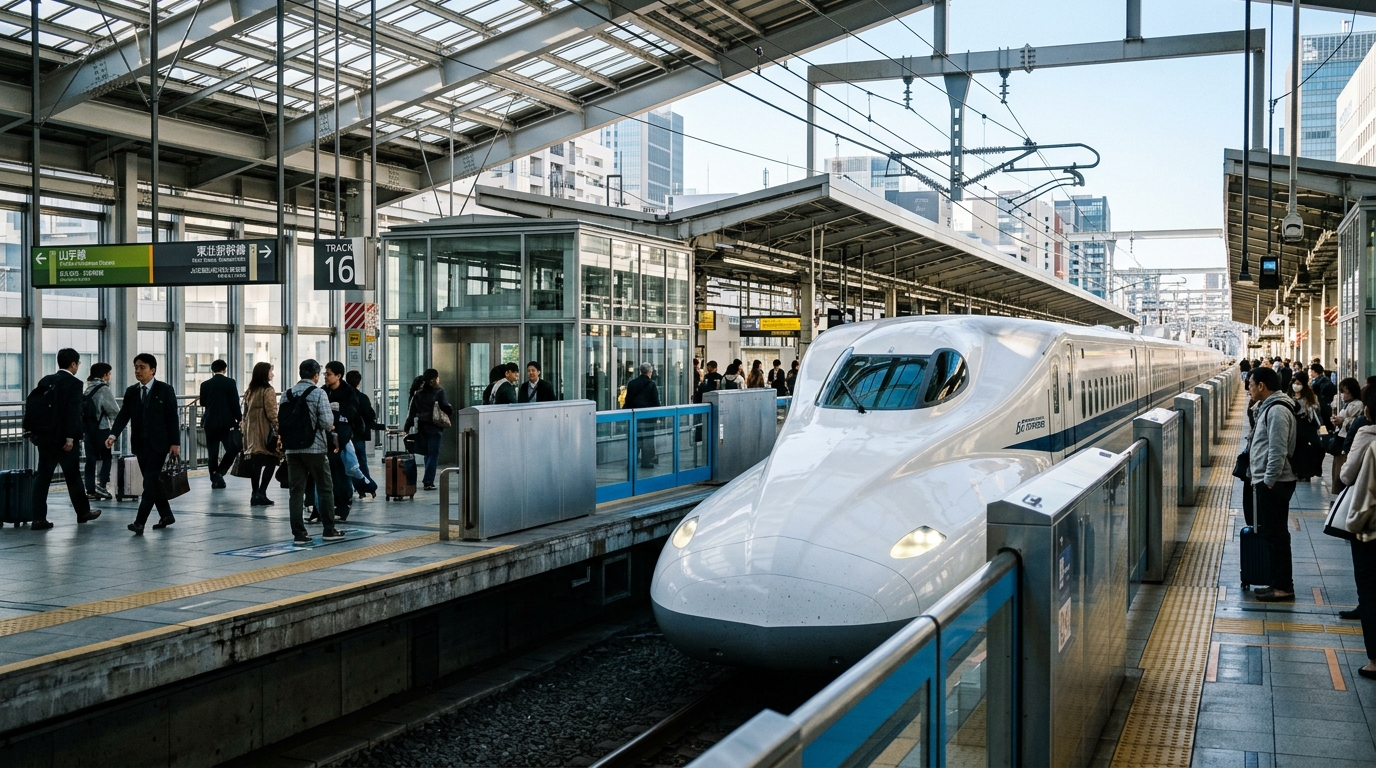 Đoàn tàu cao tốc Shinkansen màu trắng bóng bẩy đang tiến vào một nhà ga Nhật Bản hiện đại, ngập tràn ánh nắng.