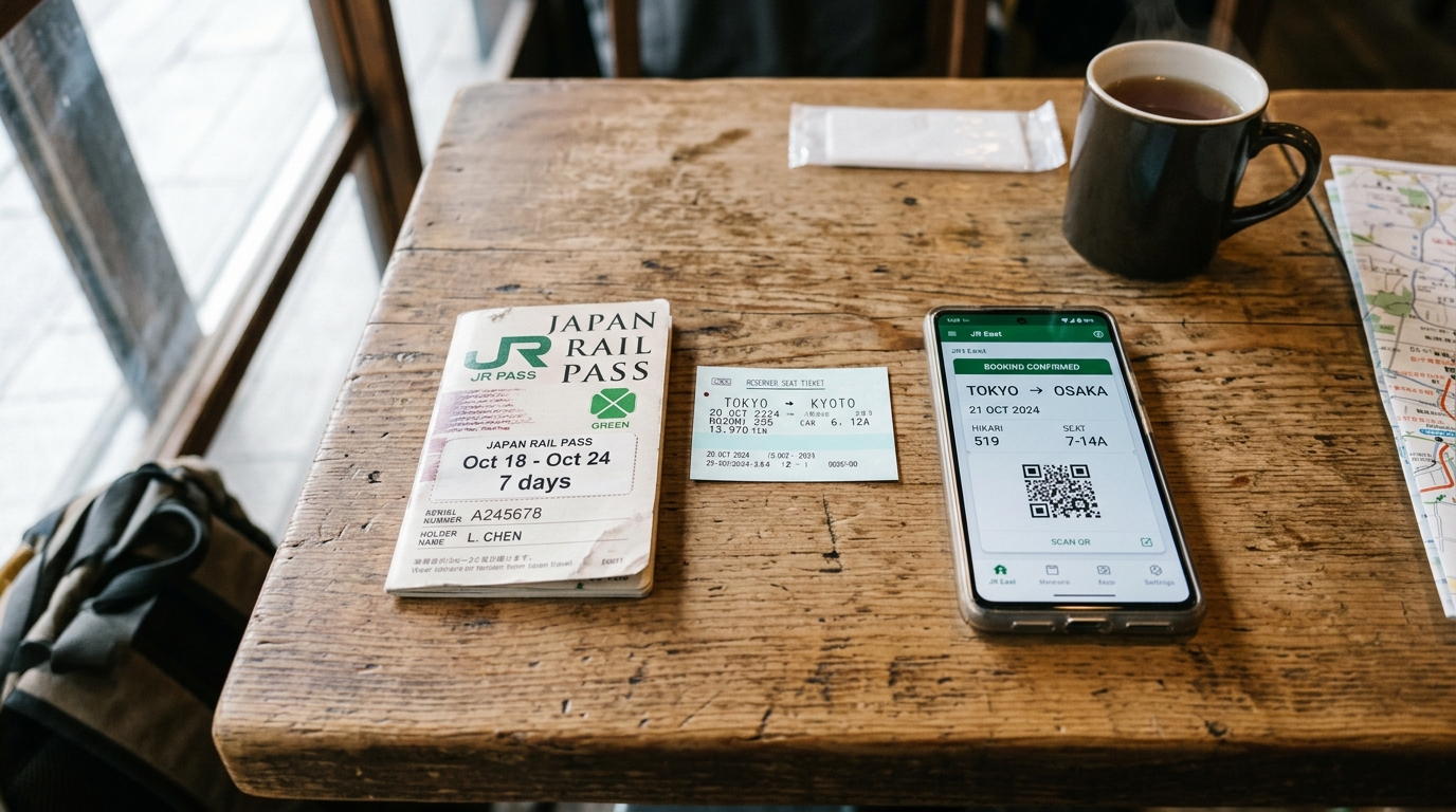 Một thẻ Japan Rail Pass và một vé tàu lẻ đặt cạnh điện thoại thông minh.