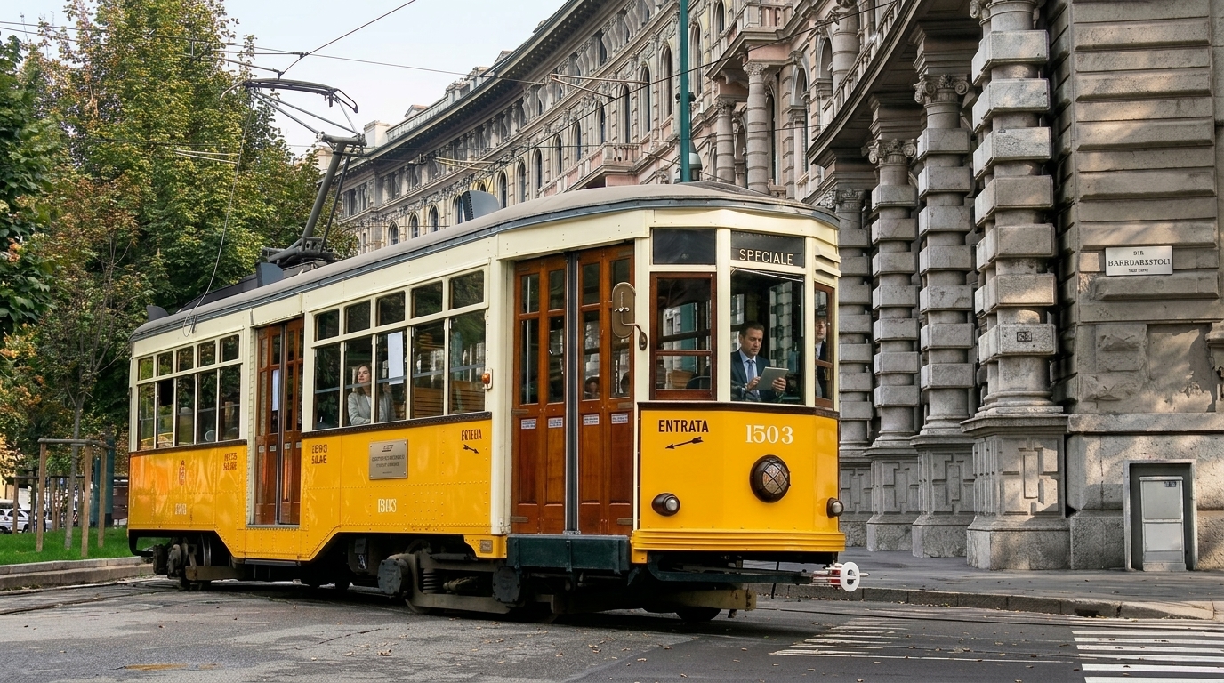 A vintage yellow Milanese tram on a city street.