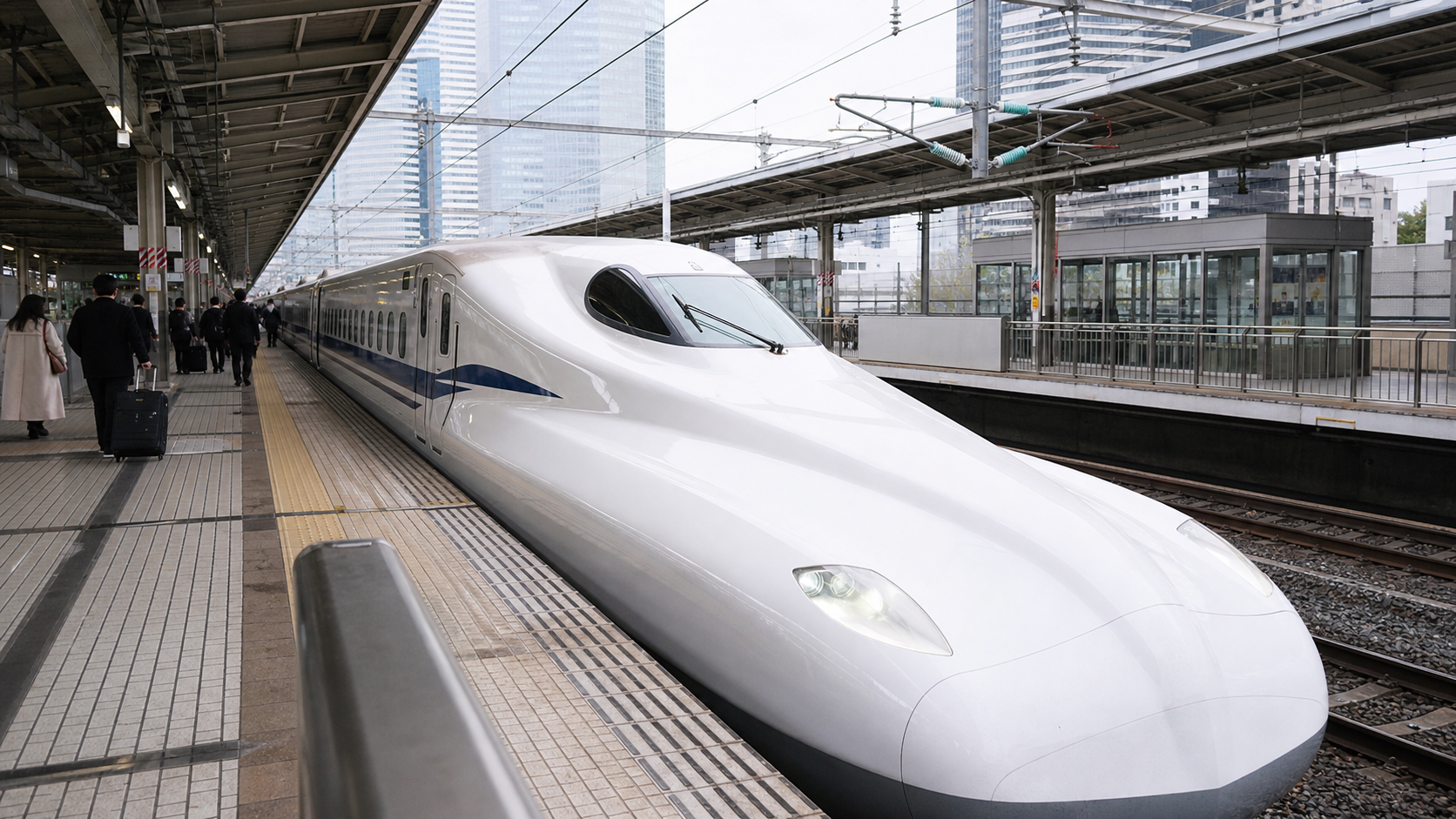 A white and blue N700S Shinkansen bullet train at Shinagawa Station.