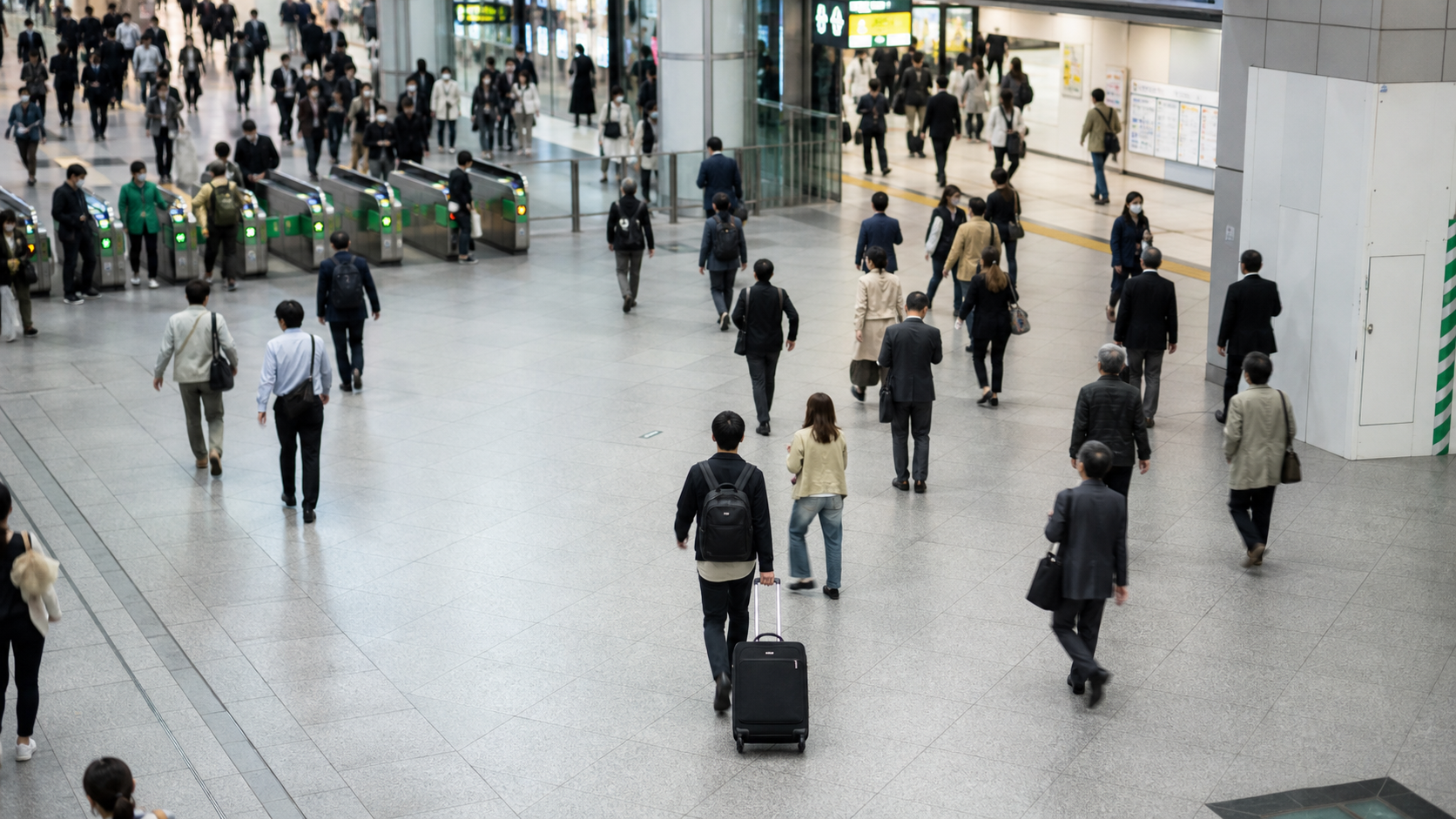 Crowded passenger concourse and JR transfer gates at Shinjuku Station.