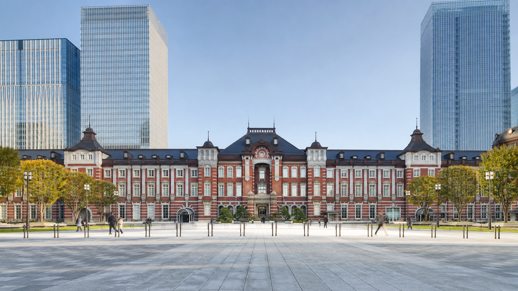 The historic red brick facade of Tokyo Station Marunouchi side.